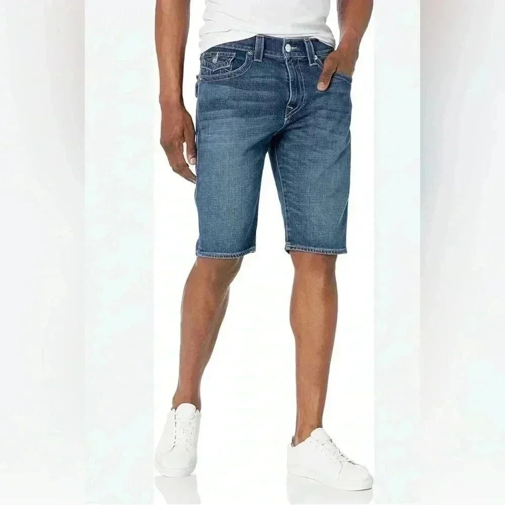True religion “geno” relaxed slim fit peach denim jean shorts 30